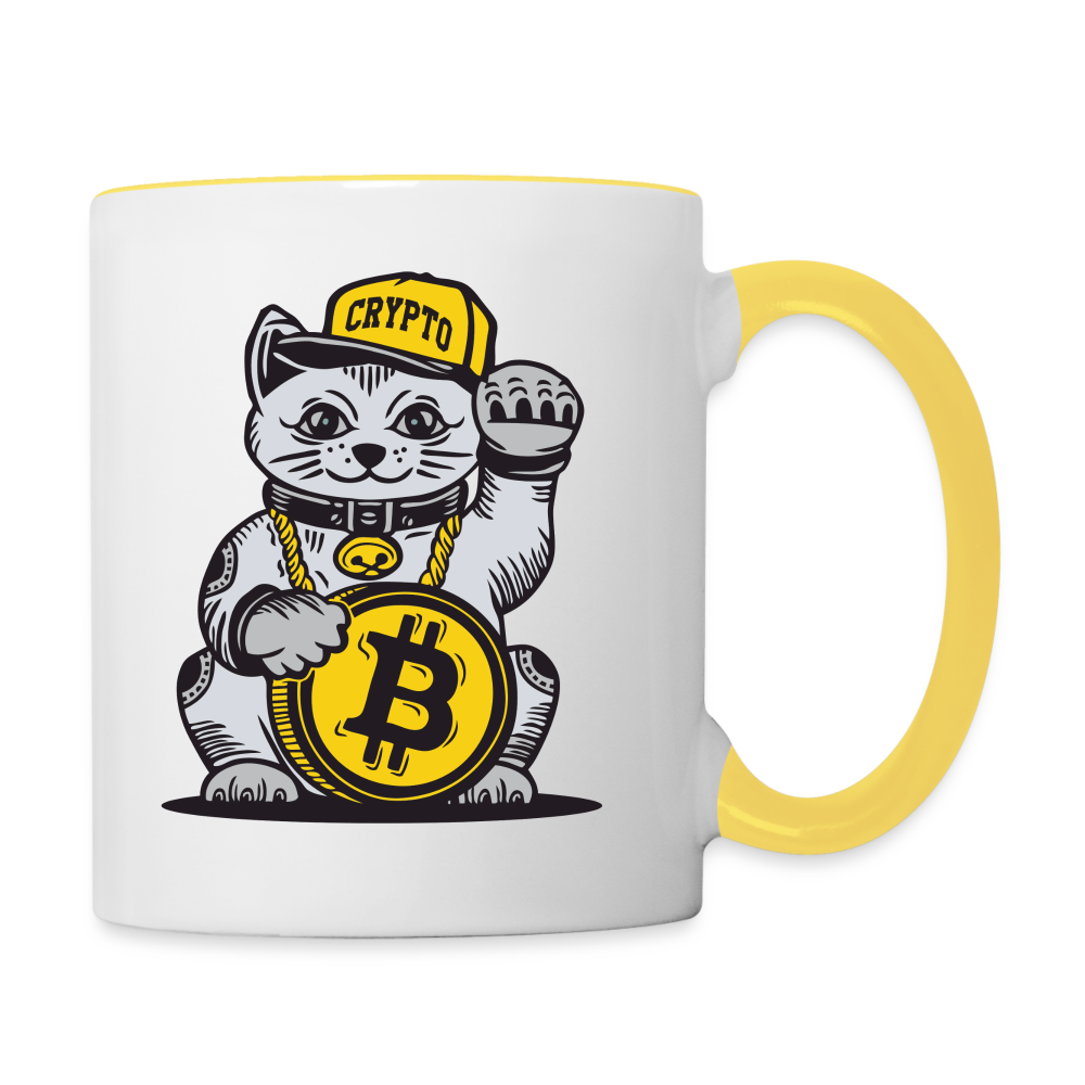 Winke Katze Bitcoin Tasse - Weiß/Gelb