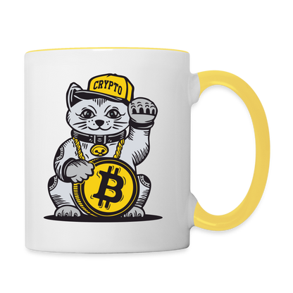 Winke Katze Bitcoin Tasse - Weiß/Gelb